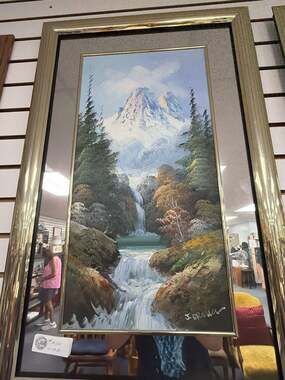 J. Brown Original Oil Painting Framed Mountain Landscape with Waterfall